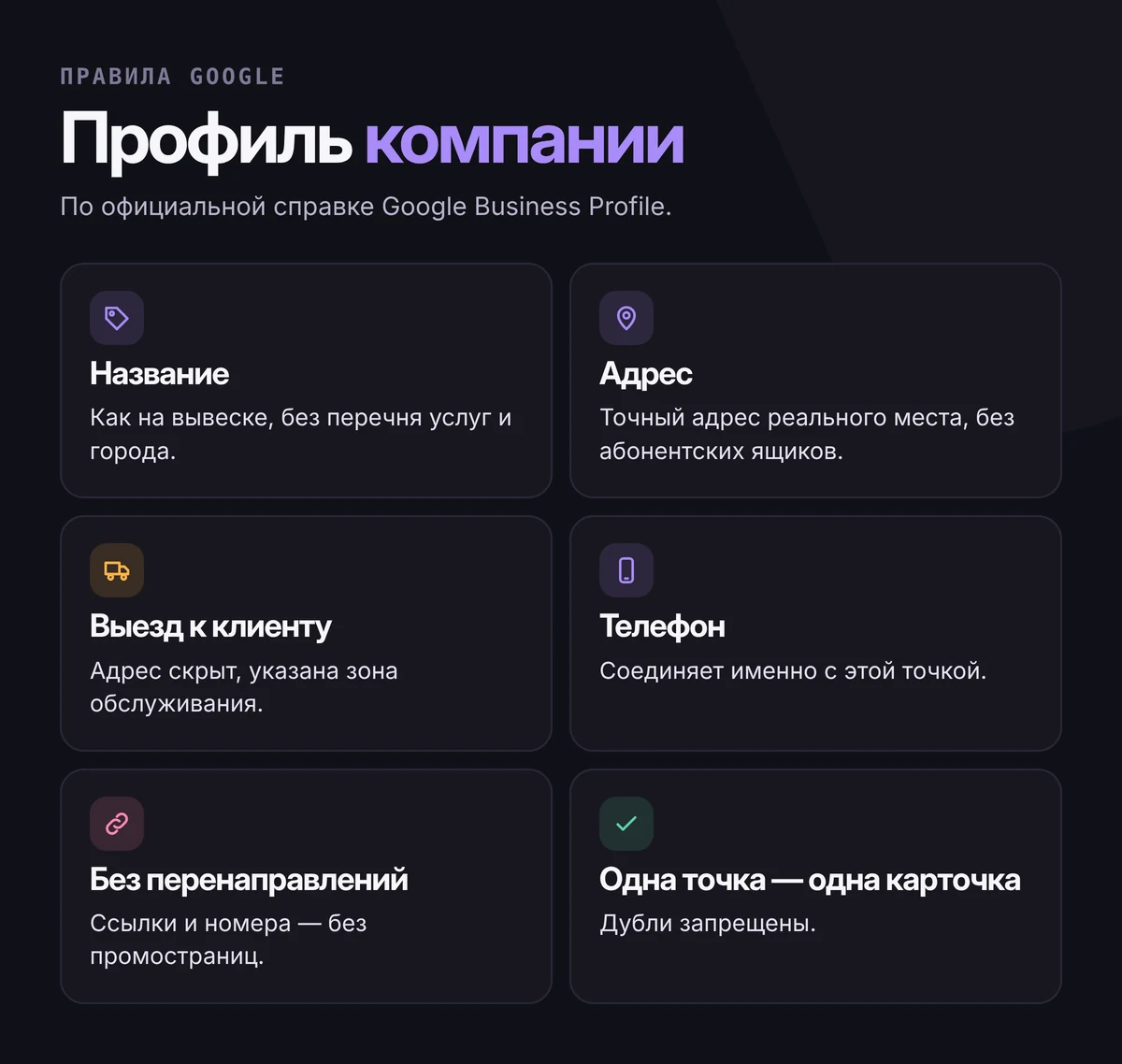 Правила профиля компании в Google: реальное название без лишних слов, точный адрес без абонентских ящиков, скрытый адрес для выезда к клиенту, телефон точки, ссылки без перенаправлений, одна карточка на точку