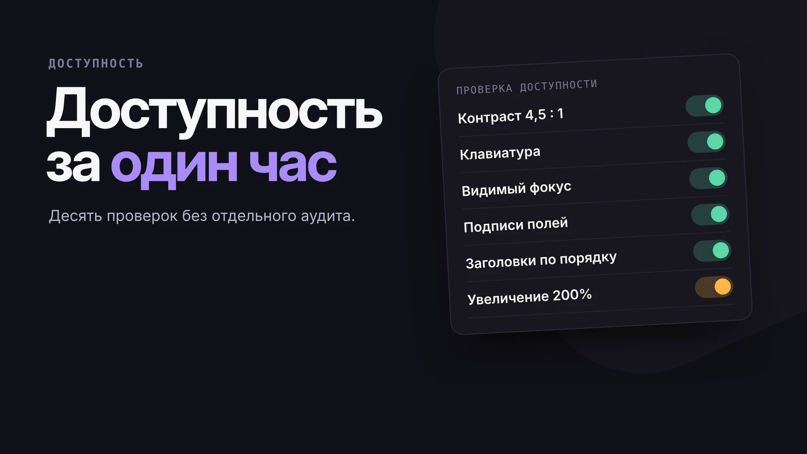 Панель проверок доступности: контраст, клавиатура, видимый фокус, подписи полей, заголовки включены; увеличение 200% требует проверки